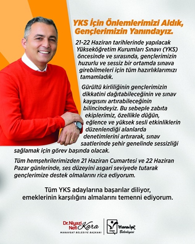 MANAVGAT BELEDİYE BAŞKANI KARA’DAN YKS MESAJI: “GENÇLERİMİZİN YANINDAYIZ”